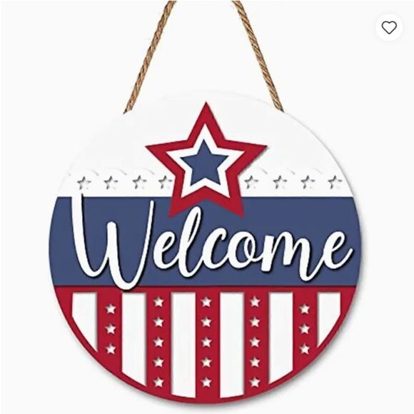 NEW! Farmhouse Americana Patriotic Stars Stripes Round Wooden Door Sign Welcome - Picture 1 of 3